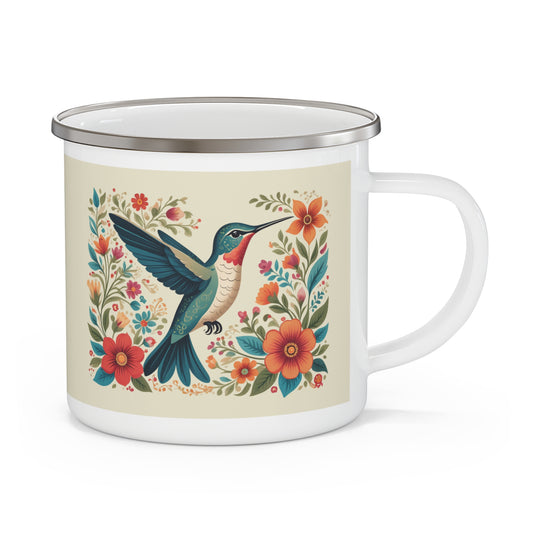 Hummingbird In Bloom Enamel Camping Mug - Nature Lover Gift, Outdoor Adventure Drinkware