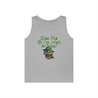 St. Patrick's Day Owl Lover's Unisex Heavy Cotton Tank Top - Fun and Playful 'Kiss Me I'm Irish for Today' Design