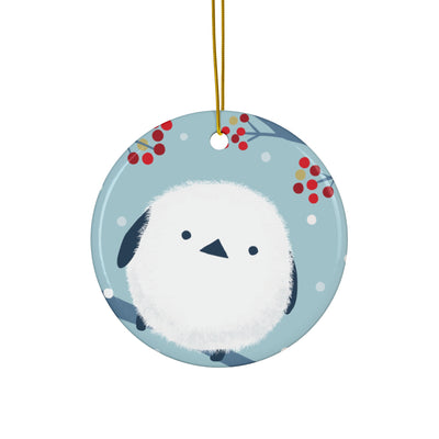 Winter Snow Bird & Cherry Blossom Accent Ceramic Ornament - Festive Holiday Decor