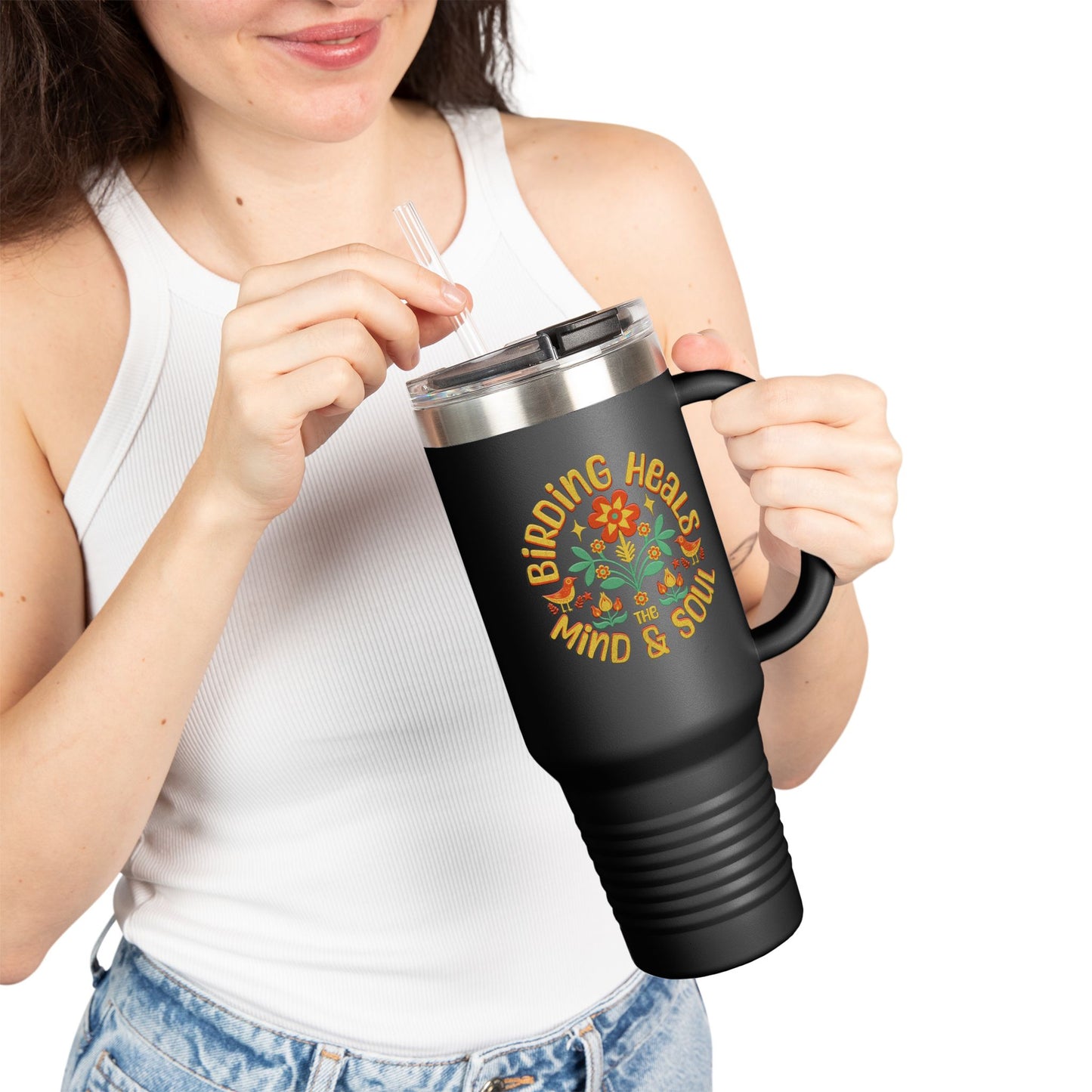 The Nerdy Birder Birding Heals  Insulated Travel Mug, 40oz