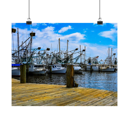 Nautical Matte Horizontal Poster - Serene Harbor Dock Scene with Fishing Boats