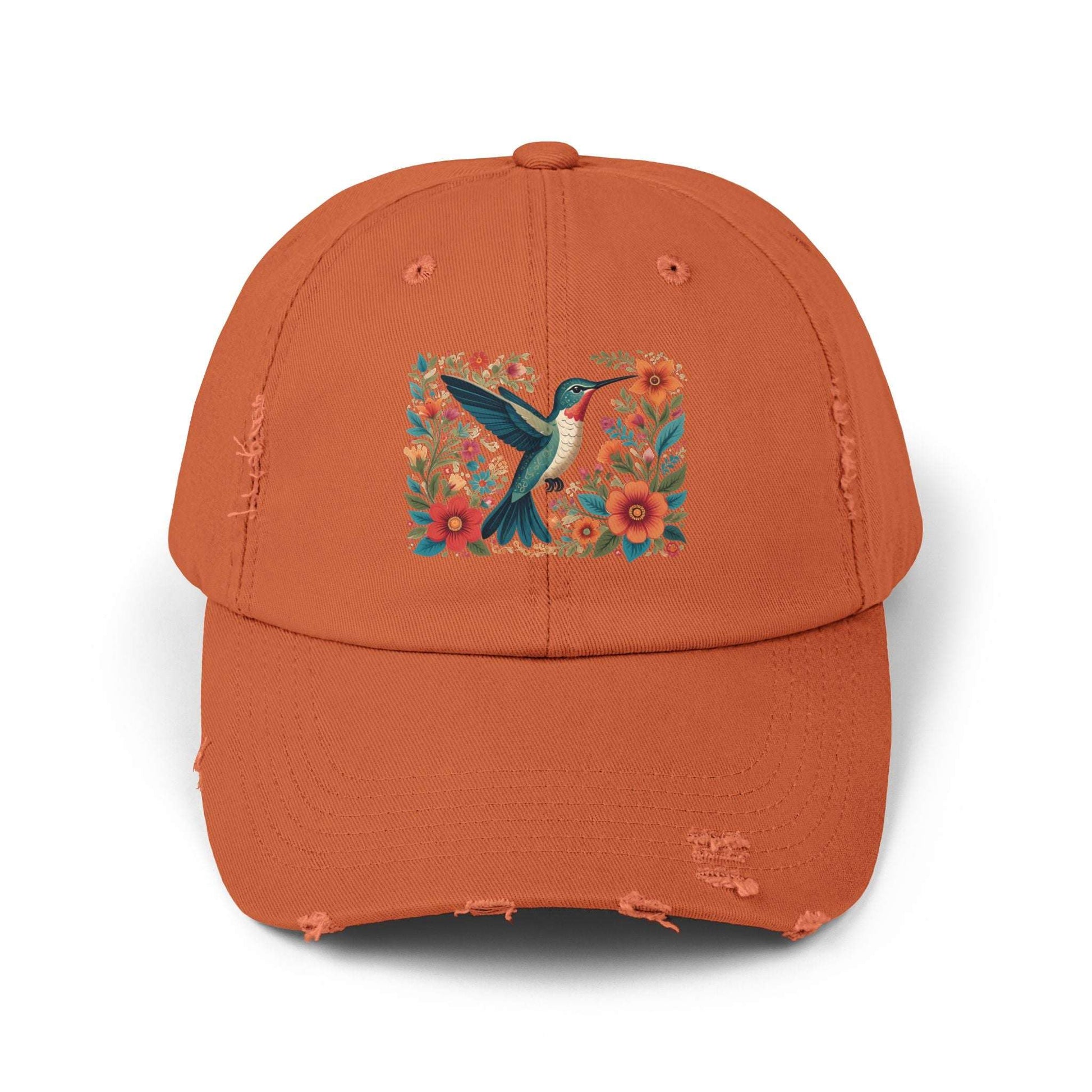 Hummingbird In Bloom Vintage Style Hat - Unisex Distressed Cap