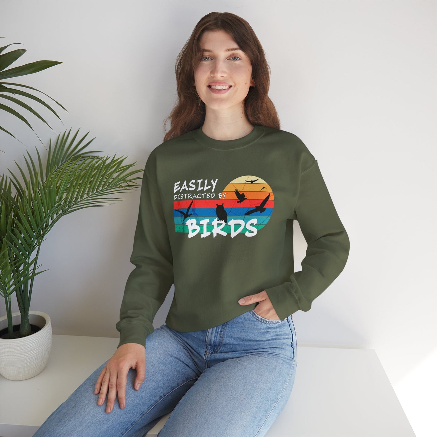 Easily Distracted by Birds Retro Sunset Crewneck Sweatshirt