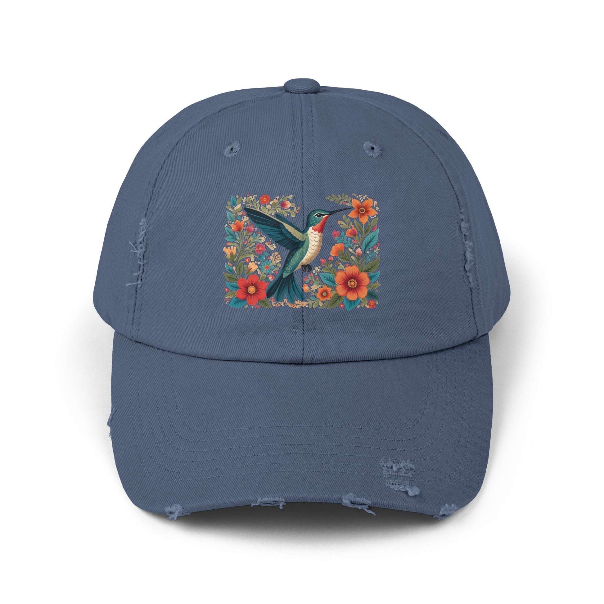 Hummingbird In Bloom Vintage Style Hat - Unisex Distressed Cap