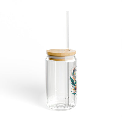 The Nerdy Birder Elegant Peacock 16oz Sipper Glass With Bamboo Lid