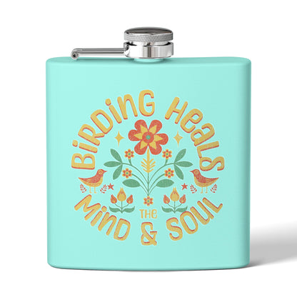 Birding Heals Birder Flask | Stainless Steel 6oz Hip Flask for Nature Lovers, Outdoor Adventures, Gifts for Birders, Hiking Accessory