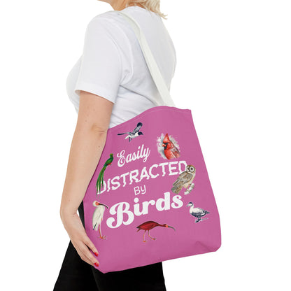 Easily Distracted by Birds Tote Bag in Pink - Fun and Quirky Bird Design for Bird Lovers