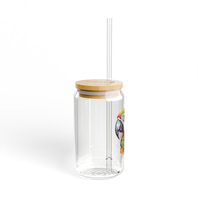 The Nerdy Birder Colorful Parrot 16oz Sipper Glass With Bamboo Lid