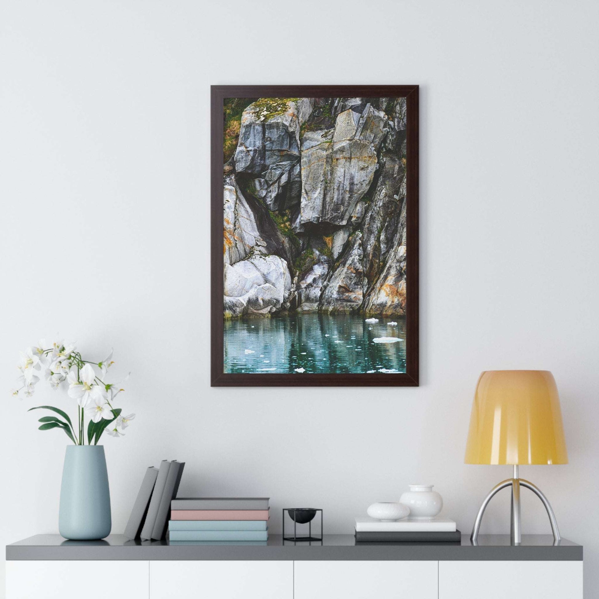 Serene Nature Framed Vertical Poster - Coastal Rock Reflection Art