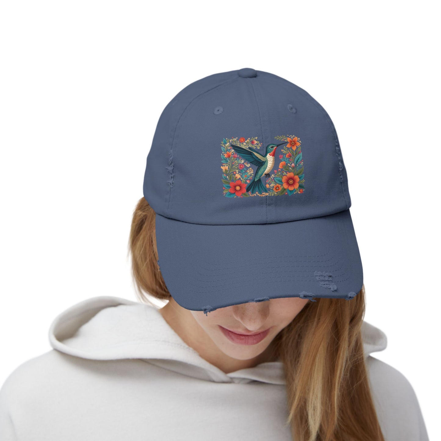 Hummingbird In Bloom Vintage Style Hat - Unisex Distressed Cap