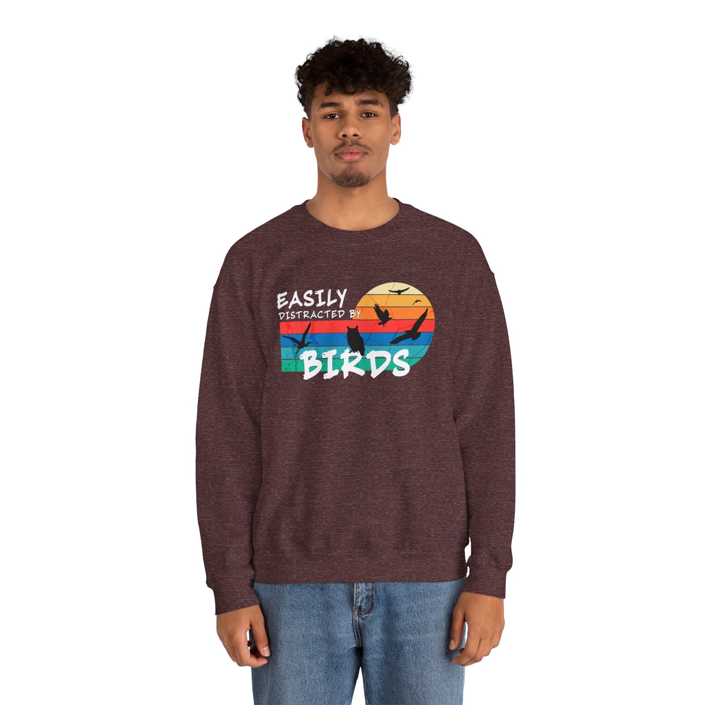 Easily Distracted by Birds Retro Sunset Crewneck Sweatshirt